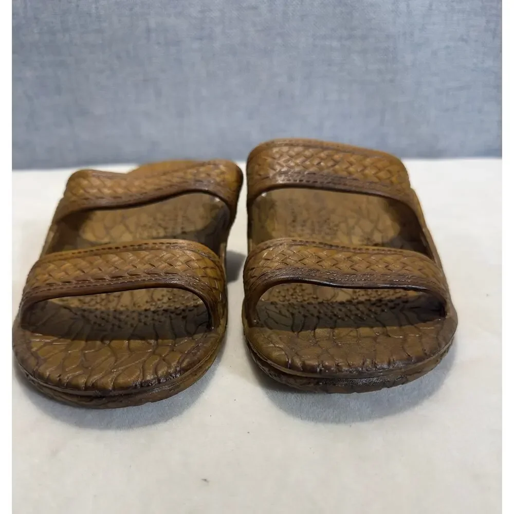 Pali Hawaii Unisex Classic Jandals Sandals 12 Lt. Brown Textured 2 Strap Sliders